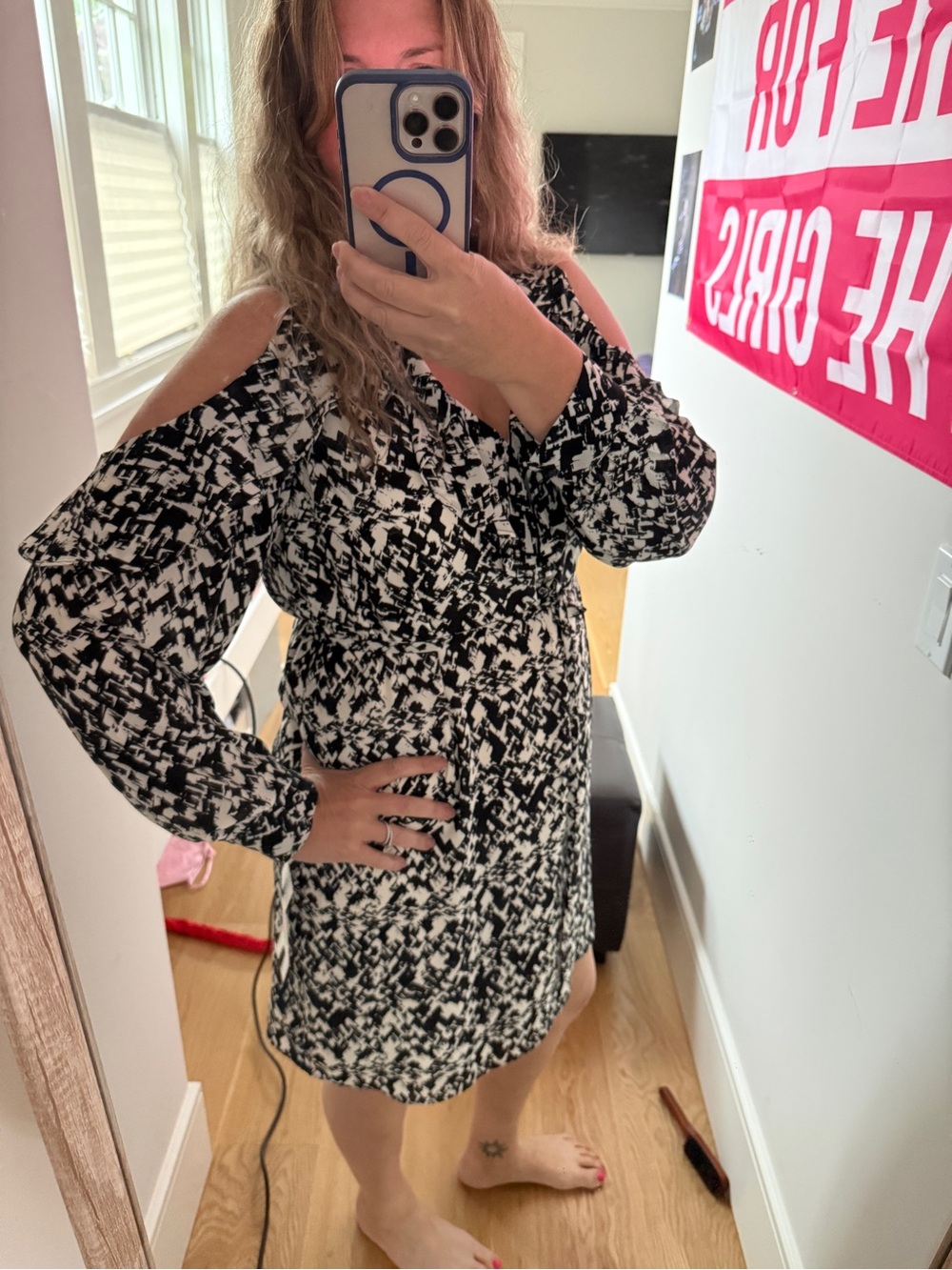 DKNY Black and White Cold-Shoulder Mini Dress